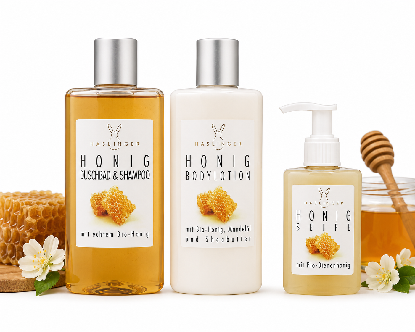 haslinger-honig-pflegeset-duschbad-bodylotion-seife-3-teilig image 1