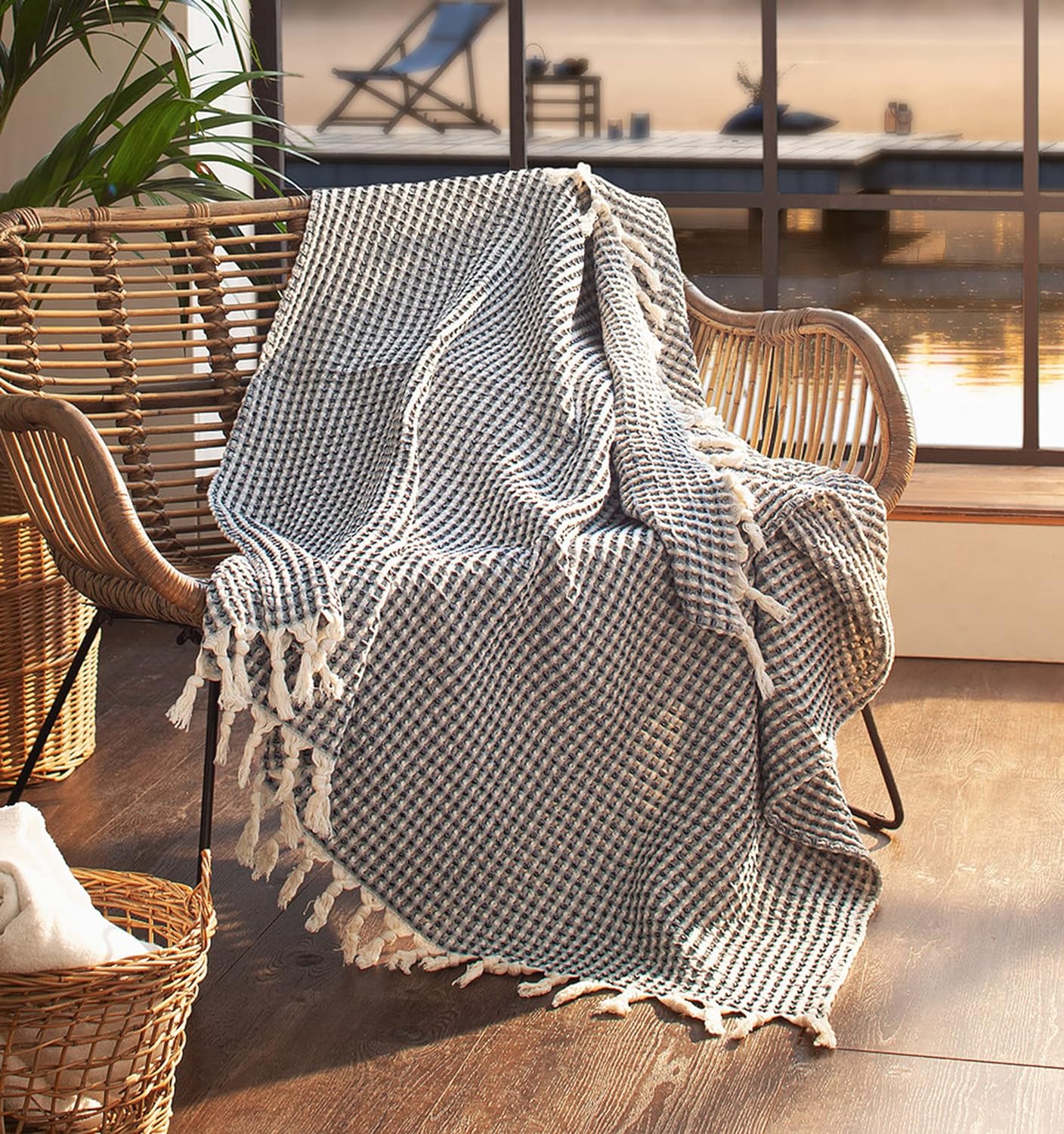 frank-flechtwaren-plaid-waffelpique-130x170-schwarz-creme image 2