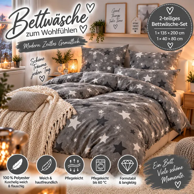 bettw-sche-sterne-grau-wei-135x200-cm-2-teilig-waschbar image 1