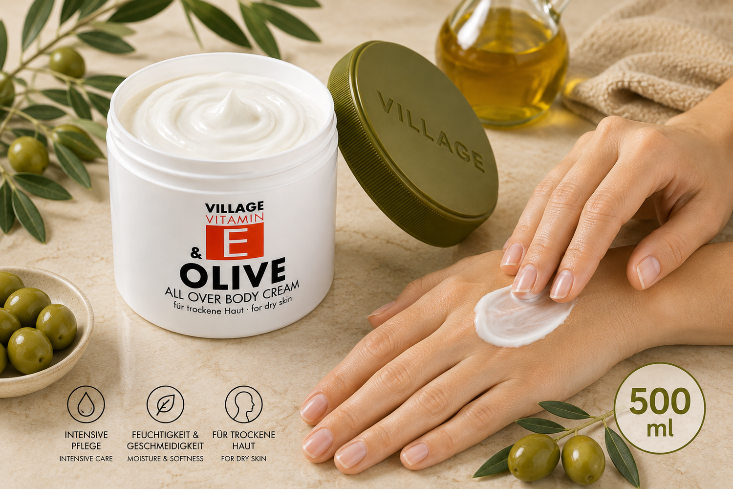 village-vitamin-e-olive-body-cream-500-ml-trockene-haut image 3