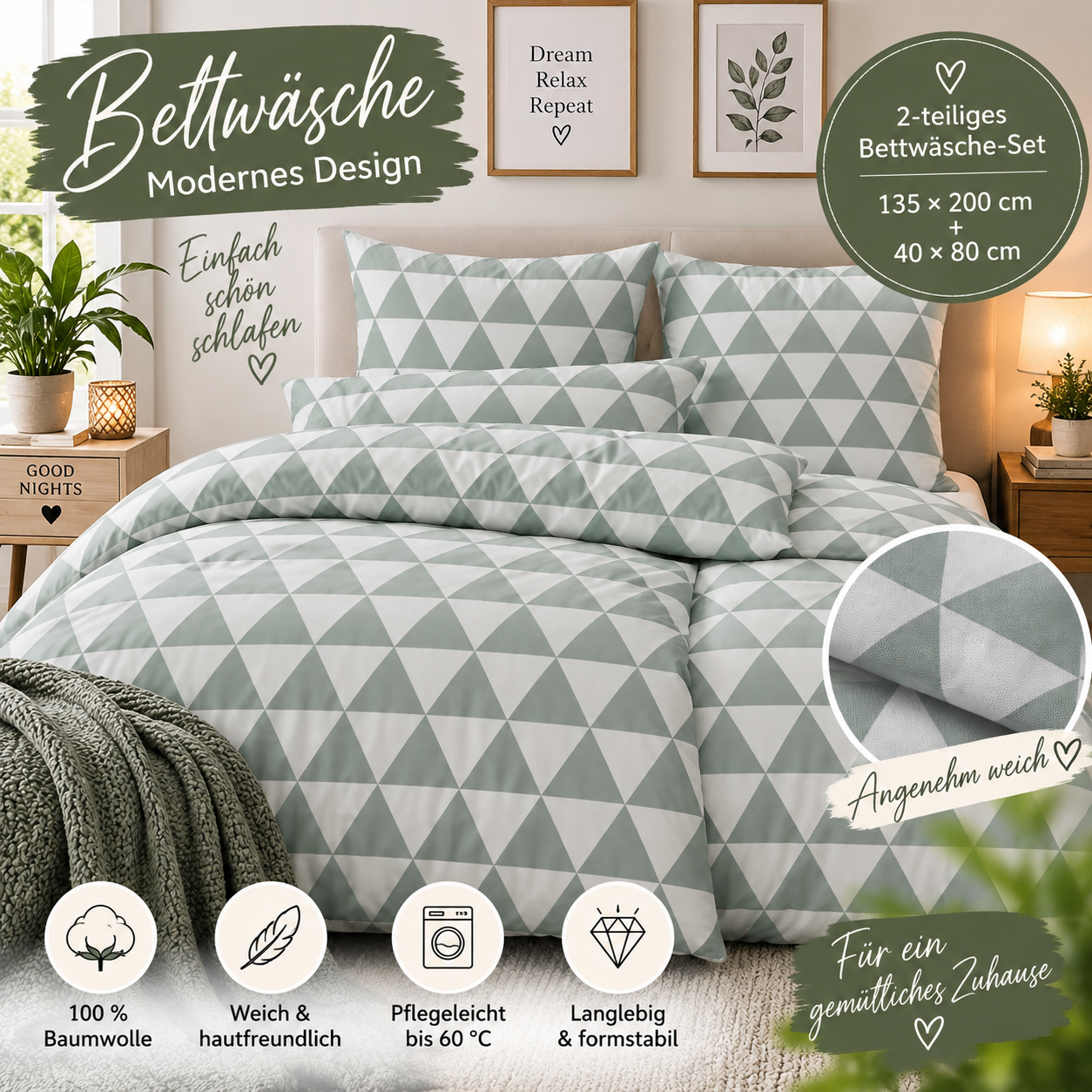 nesbel-bettw-sche-baumwolle-135x200-gr-n-wei-dreieck-2-teilig image 1