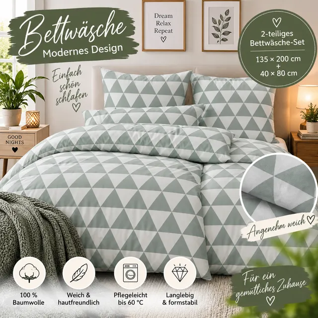 nesbel-bettw-sche-baumwolle-135x200-gr-n-wei-dreieck-2-teilig image 1
