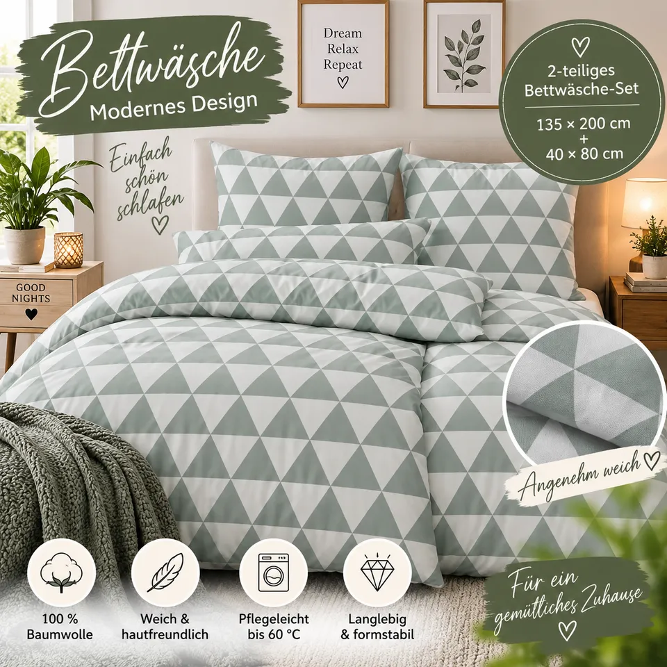 nesbel-bettw-sche-baumwolle-135x200-gr-n-wei-dreieck-2-teilig image 1