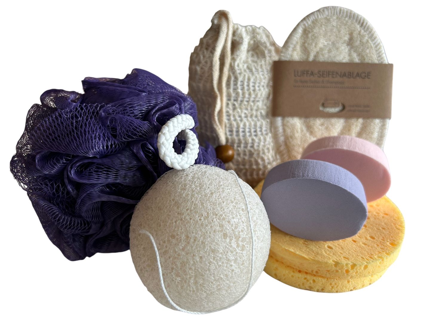 reinigungsschwamm-set-6-teilig-mit-konjac-schwamm-und-luffa-ablage image 1