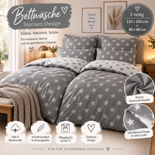 nesbel-sterne-wendebettw-sche-135x200-grau-wei-2-tlg image 1