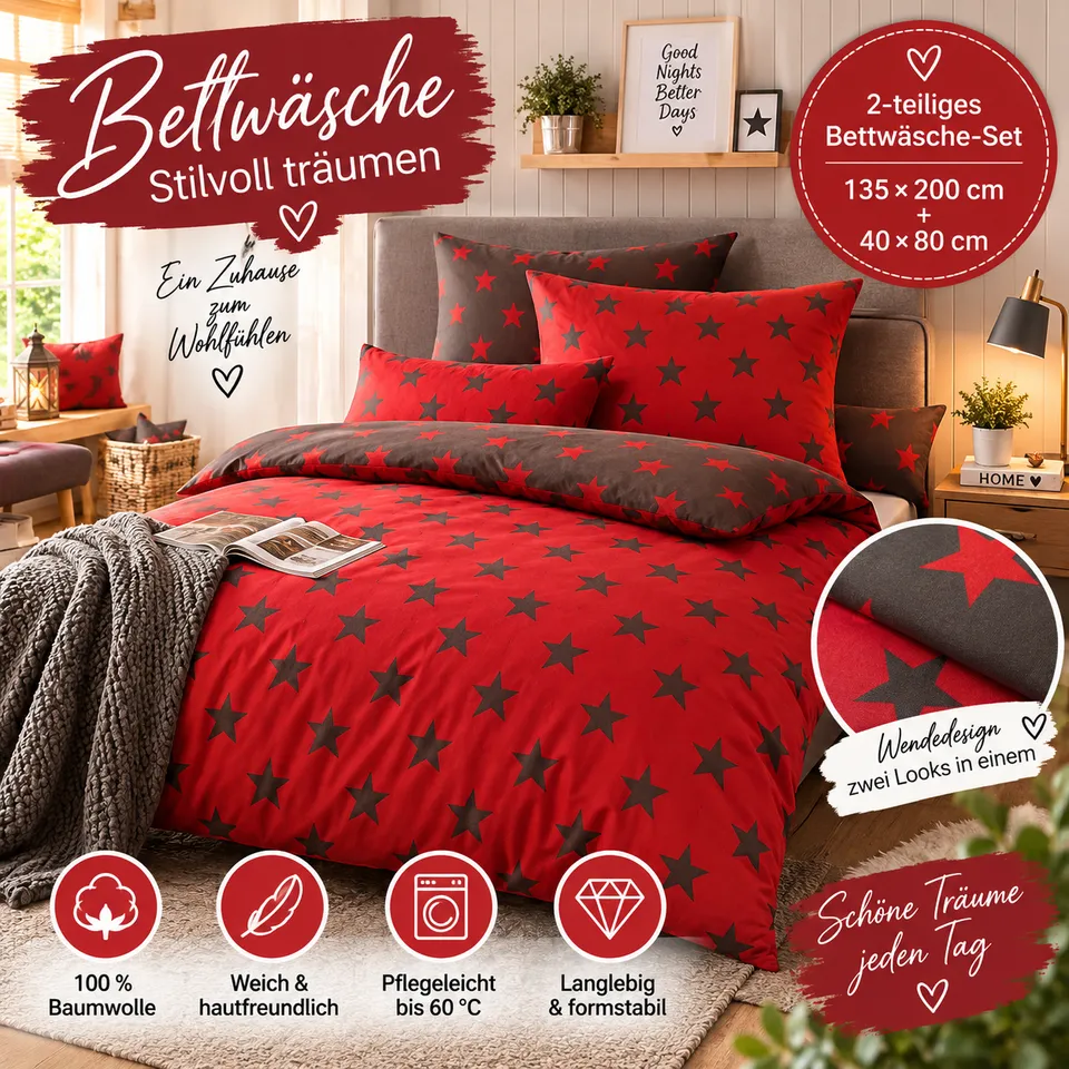nesbel-heimtextilien-bettw-sche-135x200-rot-sterne-wende image 1