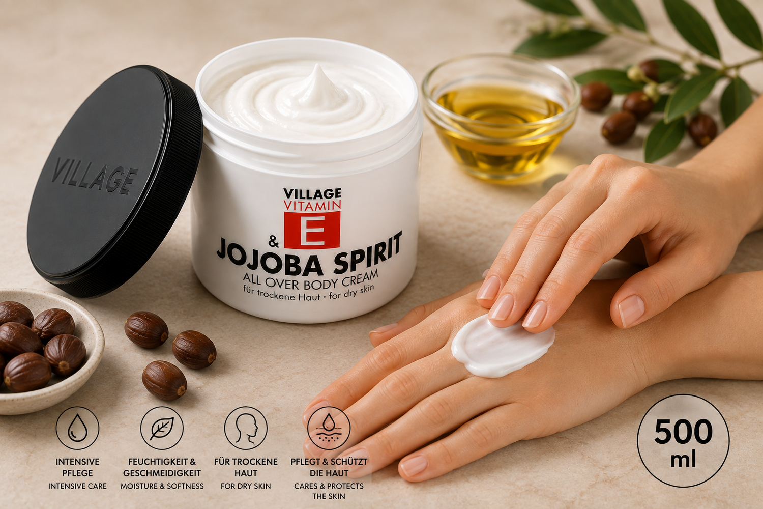 village-jojoba-body-cream-vitamin-e-500-ml-trocken image 3