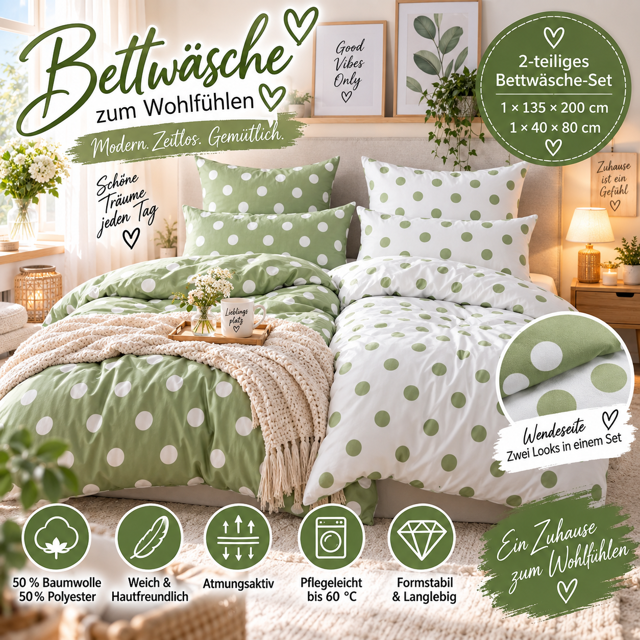 nesbel-wendebettw-sche-punkte-bettw-sche-135x200-gr-n-wei-2-teilig image 1